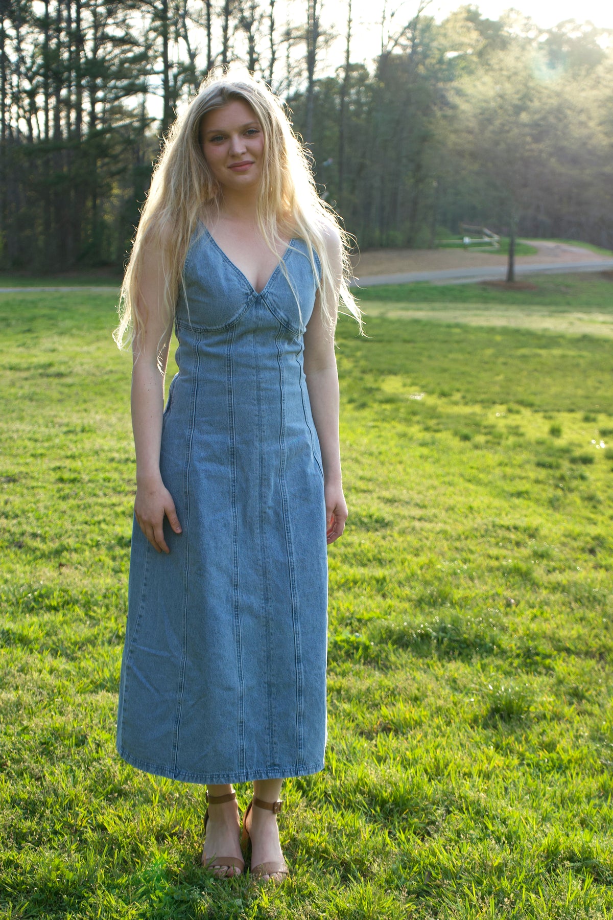 Brulé V-Neck Denim Maxi Dress