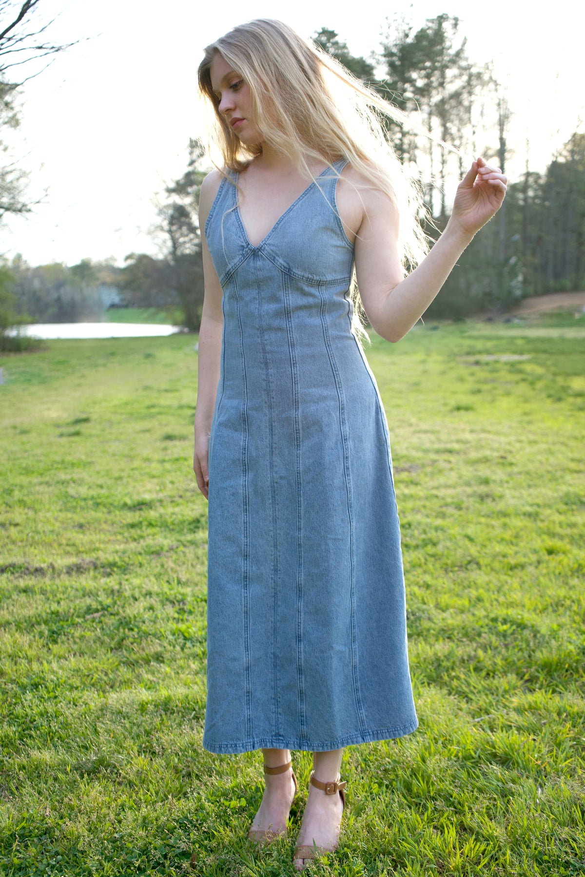 Brulé V-Neck Denim Maxi Dress