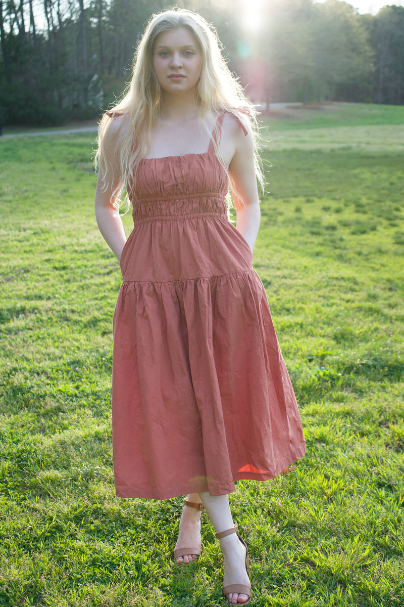 Brul Cotton Shirred Fit and Flare Midi Dress Brul Cotton Shirred Fit and Flare Midi Dress