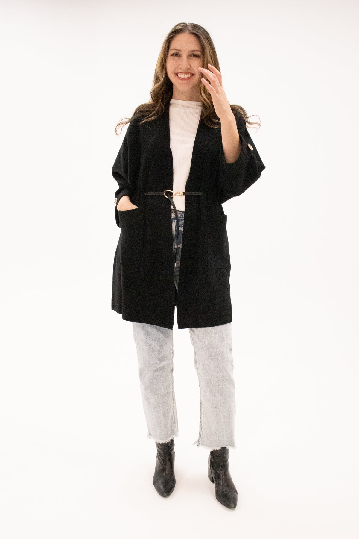 Brulé Light Knit Long Cardigan With Leather Belt