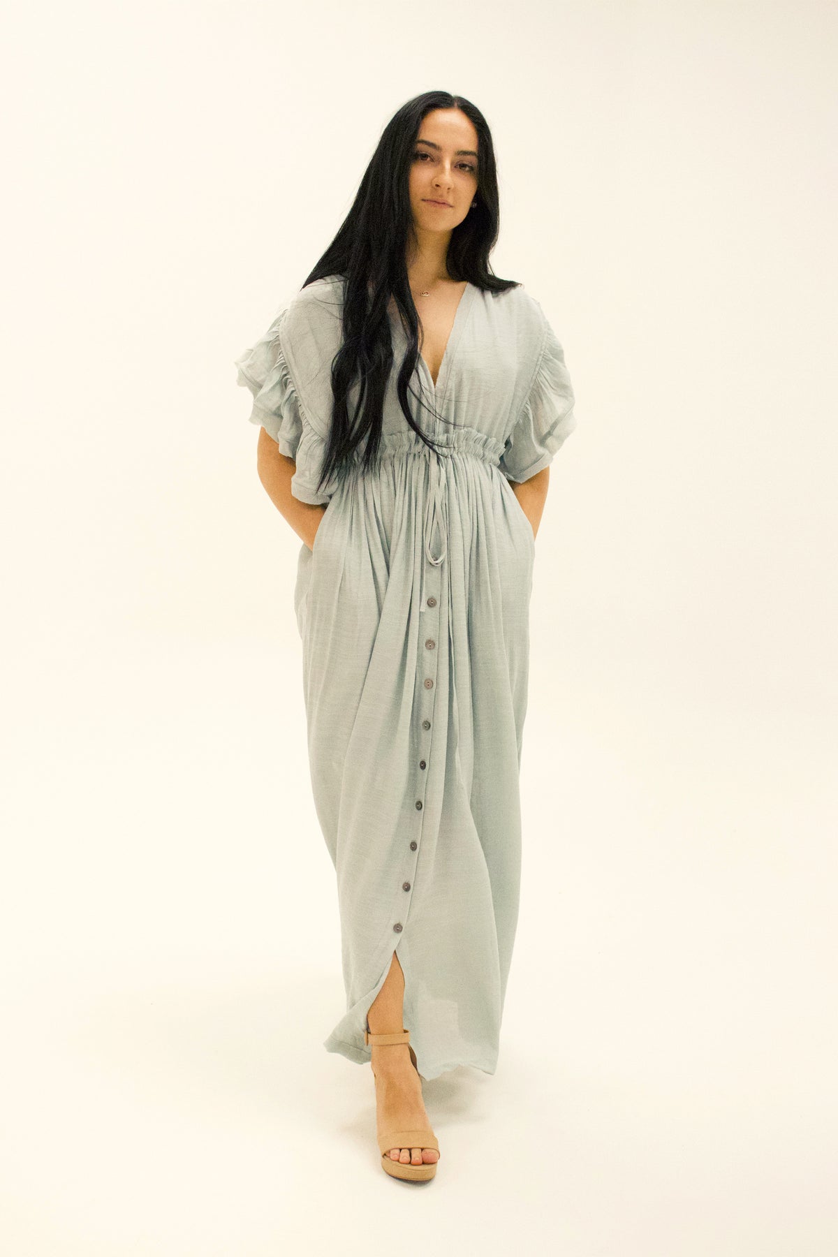 Brulé Button Down Ruffle Maxi Dress