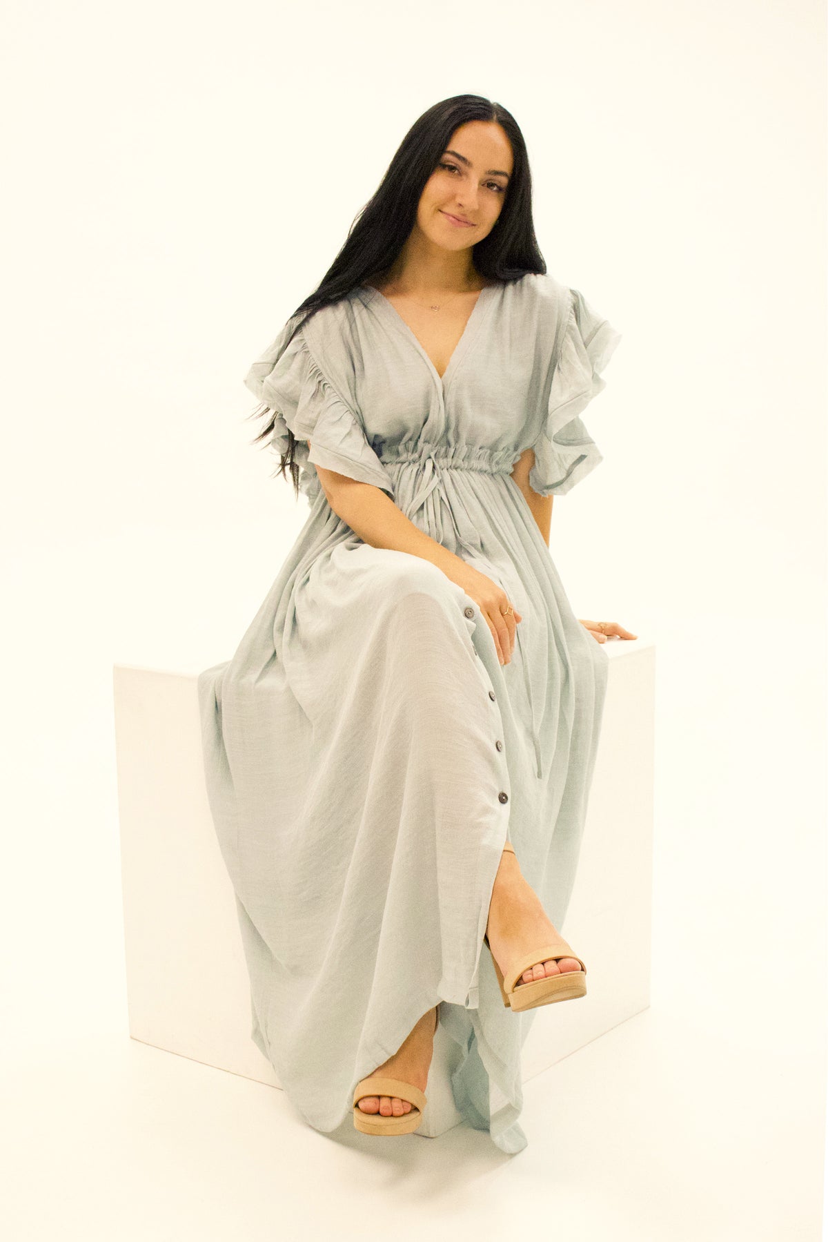 Brulé Button Down Ruffle Maxi Dress