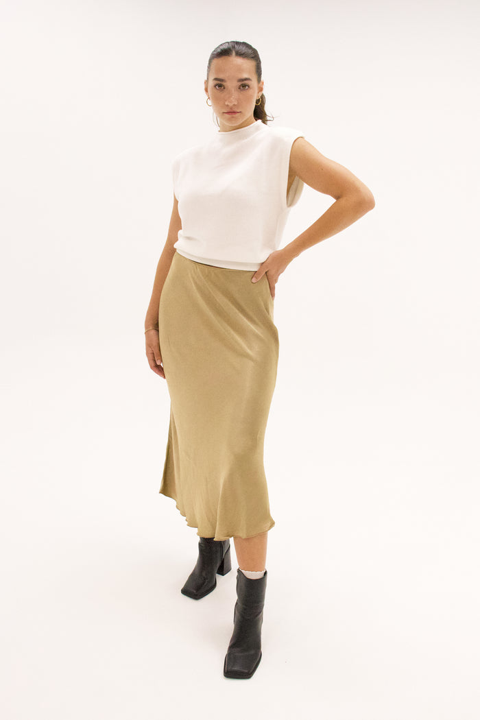 Brulé Silky Midi Skirt with Lace Elastic Waist